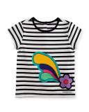 Cap-Sleeve Striped Flower Plume Jersey Tee, Multicolor, Size 12M-3