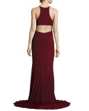 Sleeveless Open-Back Crepe Gown, Wine