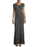 Short-Sleeve Micro-Striped Maxi Dress, Black