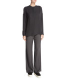 Long-Sleeve Embroidered Stretch-Silk Blouse, Graphite