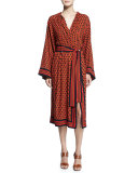 Hexagon-Print Silk Wrap Dress, Coral/Multi