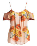 Adorlee Cold-Shoulder Floral-Print Silk Top, Orange