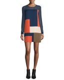 Raegan Long-Sleeve Silk Colorblock Mini Dress, Orange/Midnight/Khaki