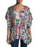 Short-Sleeve Floral-Print Silk Poncho 