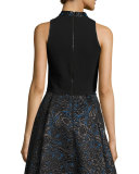 Sleeveless Cropped Crepe Top, Black/Blue