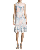 Sleeveless Paisley-Print Boat-Neck Dress, Apricot/Multi