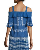 Chiffon Flower Spell Cold-Shoulder Top, Cobalt Blue/Cream
