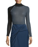 Ribbed Mock-Neck Long-Sleeve Sweater, Gray/Celeste/Black