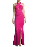 Scuba-Knit Crisscross Halter Gown, Pink