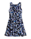 sleeveless floral crepe dress, blue/black, size 7-14