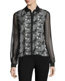 Lace-Front Chiffon Blouse, Black