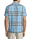 Linen-Blend Exploded Check Short-Sleeve Shirt, Pale Blue