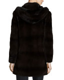 Hooded Horizontal-Mink Fur Coat, Blue Iris