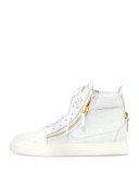 Crocodile-Embossed High-Top Sneaker, Bianco