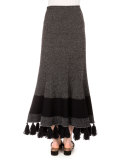 High-Waist Fringe-Hem Midi Skirt, Black/Combo