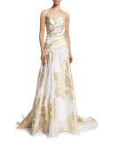 Sweetheart-Neck Pleated-Bodice Gown, White/Gold