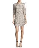 3/4-Sleeve Embellished Shift Dress, Blush