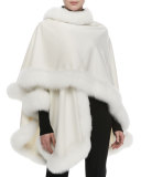 Fox Fur-Trimmed Cashmere U-Cape, White