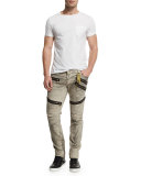 Biker Zip-Detail Ribbed Moto Jeans, Beige