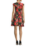 Cap-Sleeve Floral-Print Cocktail Dress, Black/Red
