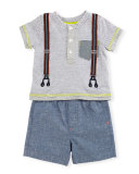 Short-Sleeve Striped Henley Tee w/ Chambray Shorts, Gray, Size 6-24 Months