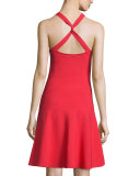 Ribbed Cross-Back Fit-and-Flare Dress, Cherry