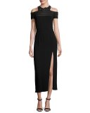 Lace-Trim Cold-Shoulder Midi Dress, Noir