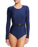UPF 50 Long-Sleeve One-Piece Swimsuit, Navy 