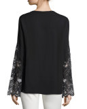 Weslee Long-Sleeve Embroidered Silk Blouse, Black