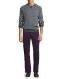Sueded-Trim Crewneck Sweater, Charcoal