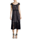 Cap-Sleeve Floral Silk & Lace Midi Dress, Black
