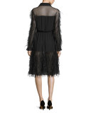 Tiered Ostrich-Feather Long-Sleeve Dress, Black
