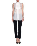 Sleeveless Bib-Front Tuxedo Blouse, White
