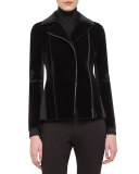 Velvet Jersey-Panel Moto Jacket, Black