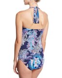 Paisley Leaves Halter Tankini Swim Top, Blue