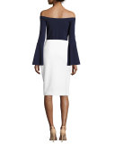 Selena Off-the-Shoulder Bell-Sleeve Knit Top, Navy