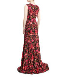 Sleeveless V-Neck Floral-Embroidered Gown, Red/Black