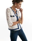3/4-Sleeve Crochet Cardigan W/ Denim Trim 