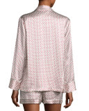 Silk Fan-Print Short Pajama Set, Pearl/Red
