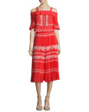 Pleated Flower Spell Midi Skirt, Red/Cream