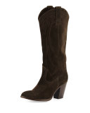 Ilana Embroidered Suede Western Boot, Fatigue