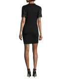 V-Neck Fringe-Sleeve Dress, Black