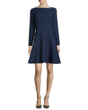 Geometric-Jacquard Long-Sleeve Dress, Navy