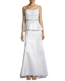 Sleeveless Peplum-Waist Embellished Gown, White