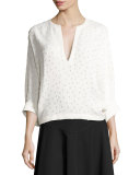 Swiss-Dot Batwing-Sleeve Blouse, White