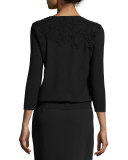 3/4-Sleeve Lace-Trim Silk-Blend Sweater, Black/Black