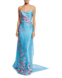 Strapless Cherry Blossom Column Gown, Sky Blue/Multi