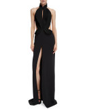 Cutout Velvet Tuxedo Halter Gown, Black