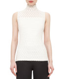Embroidered-Front Mock-Neck Sleeveless Top, Cream