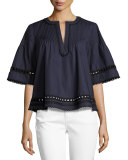 Pintucked Poplin Eyelet Top